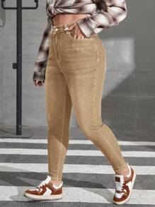 SHEIN SXY 大碼素色緊身牛仔褲 - 卡其色 - 查看 5