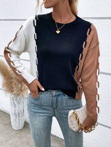 SHEIN LUNE Colorblock Drop Shoulder Sweater - Multicolor - View 3