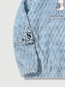 ROMWE MEN Street Life Men Letter Embroidery Zip Up Teddy Jacket, For Fall Winter - Blue - View 5