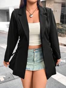 Flirla 大碼側邊綁帶素色西裝外套 - 黑色 - 查看 4