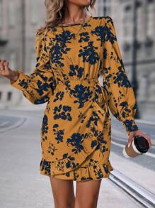 SHEIN Clasi Vestido bajo cruzado con estampado floral con nudo lateral ribete con fruncido - Multicolor - Ver 3