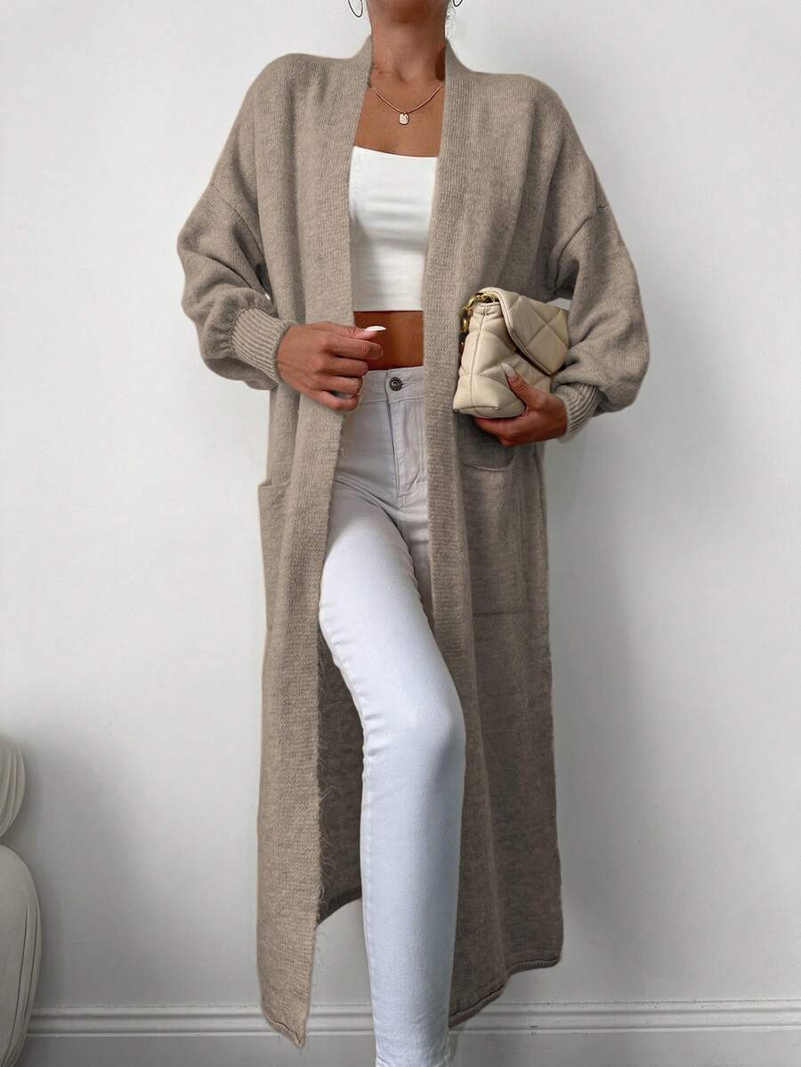 Dual Pocket Drop Shoulder Open Front Longline Duster Cardigan - Camel - View 1