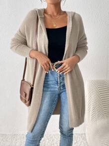 SHEIN Frenchy Dài áo có mũ Áo len Mở Với Thả vai - Màu be - Xem 5