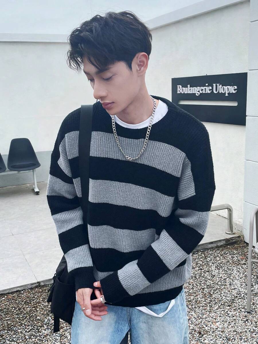 Manfinity 1pc Men's Striped Pattern Drop Shoulder Oversized Sweater - Black - View 1