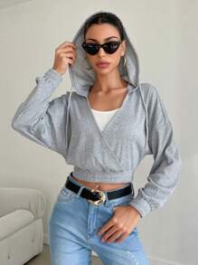 SHEIN Cottnline Women's Wrap Hooded Sweatshirt - Grey - View 3