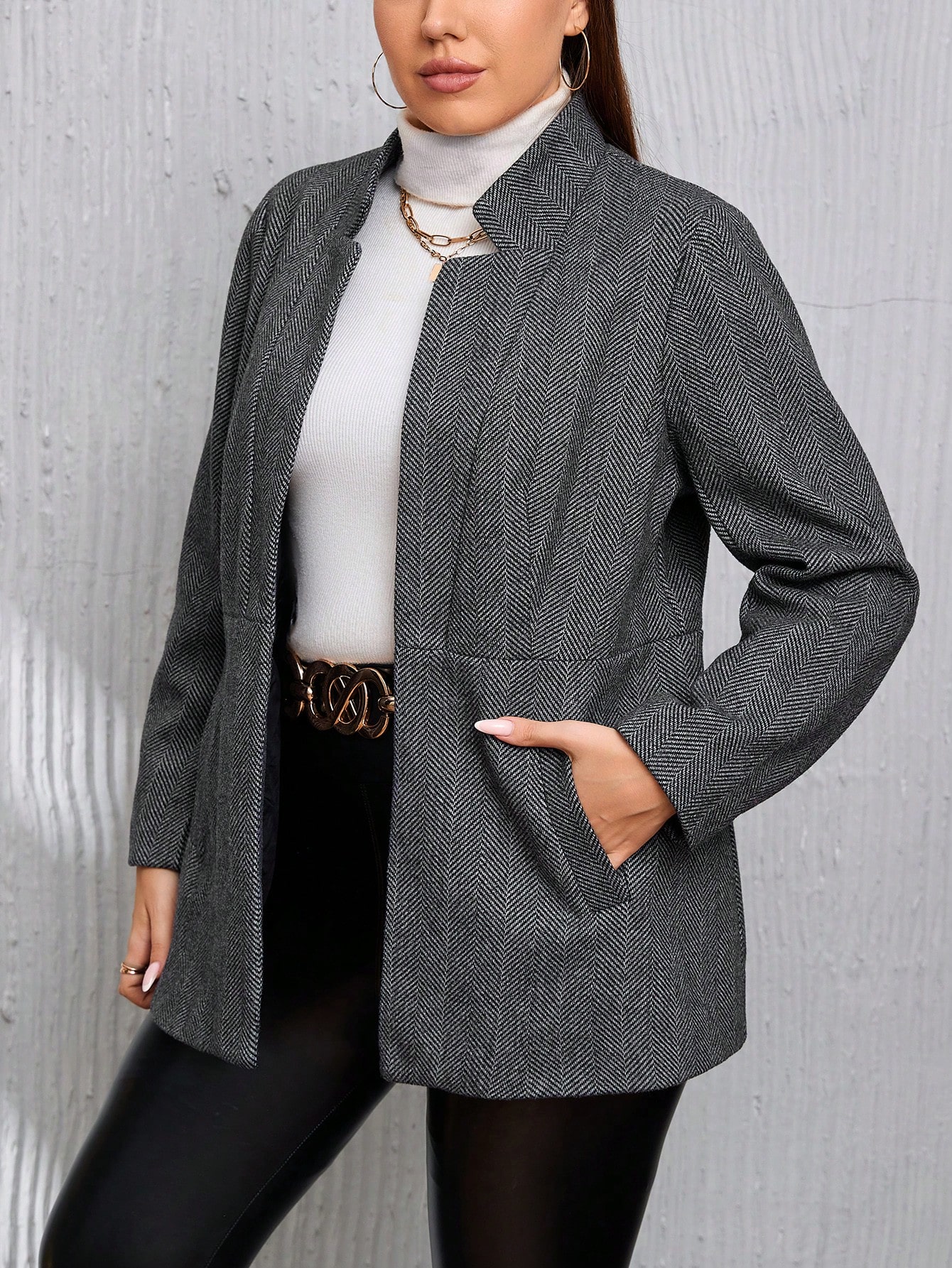 SHEIN LUNE Plus Herringbone Open Front Overcoat SHEIN USA
