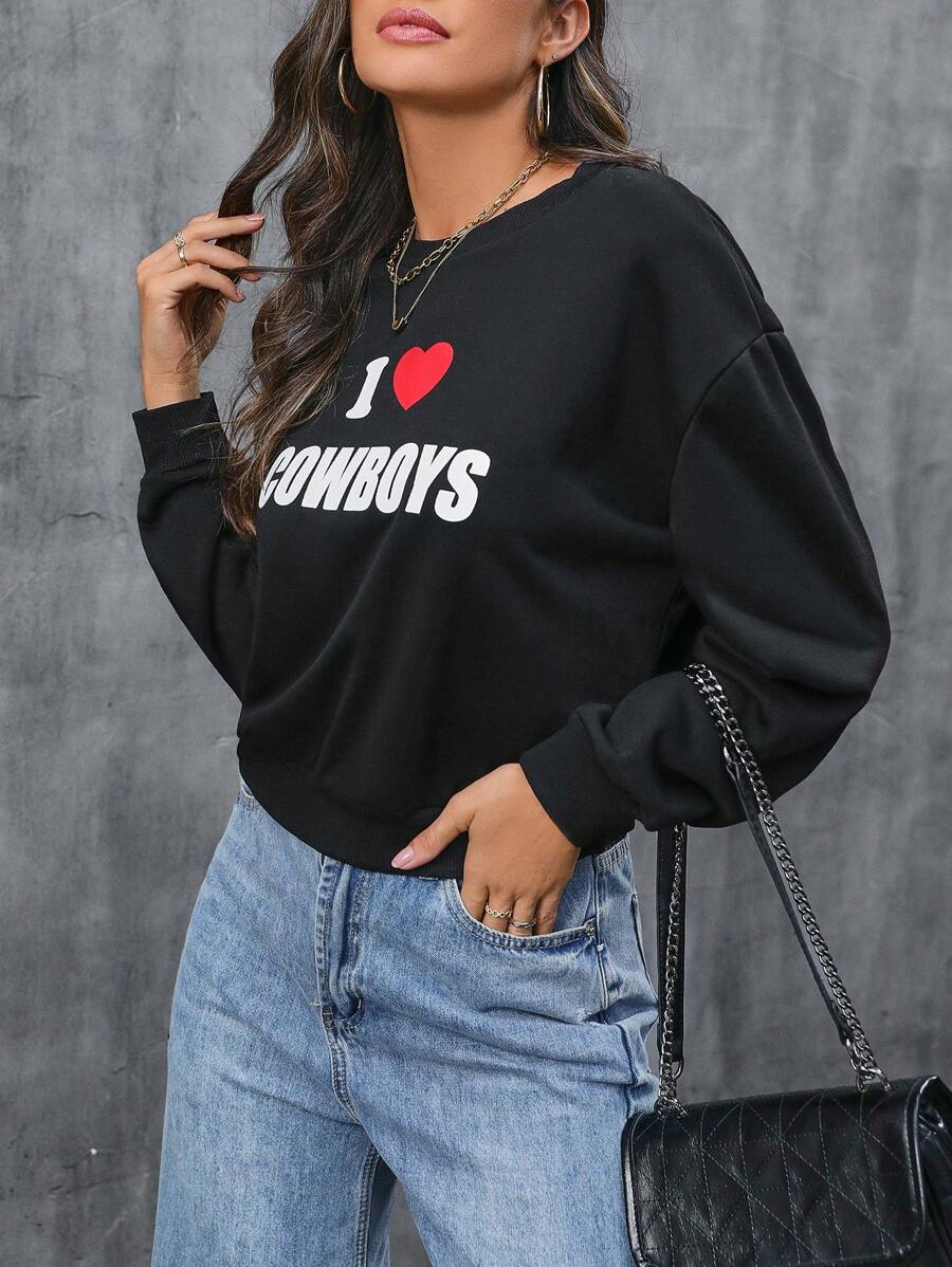 SHEIN LUNE Heart & Slogan Graphic Drop Shoulder Sweatshirt Pullover Fall Outfit - Black - View 1