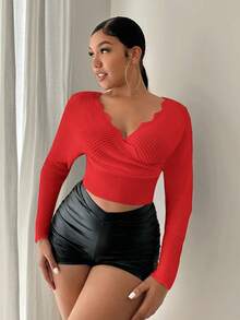 SHEIN SXY Surplice cổ Cắt vỏ sò tay cánh Áo len Crop - Đỏ - Xem 5