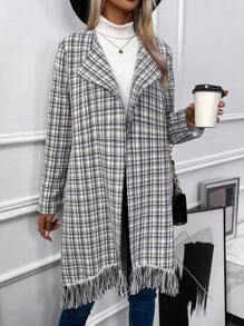 SHEIN LUNE Mantel mit Plaid Muster, Fransen, offener Front, - Schwarz und Weiss - Übersicht 5