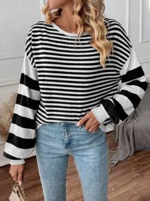 SHEIN LUNE Pullover mit Streifen Muster, Drop Shoulder - Schwarz - Übersicht 1