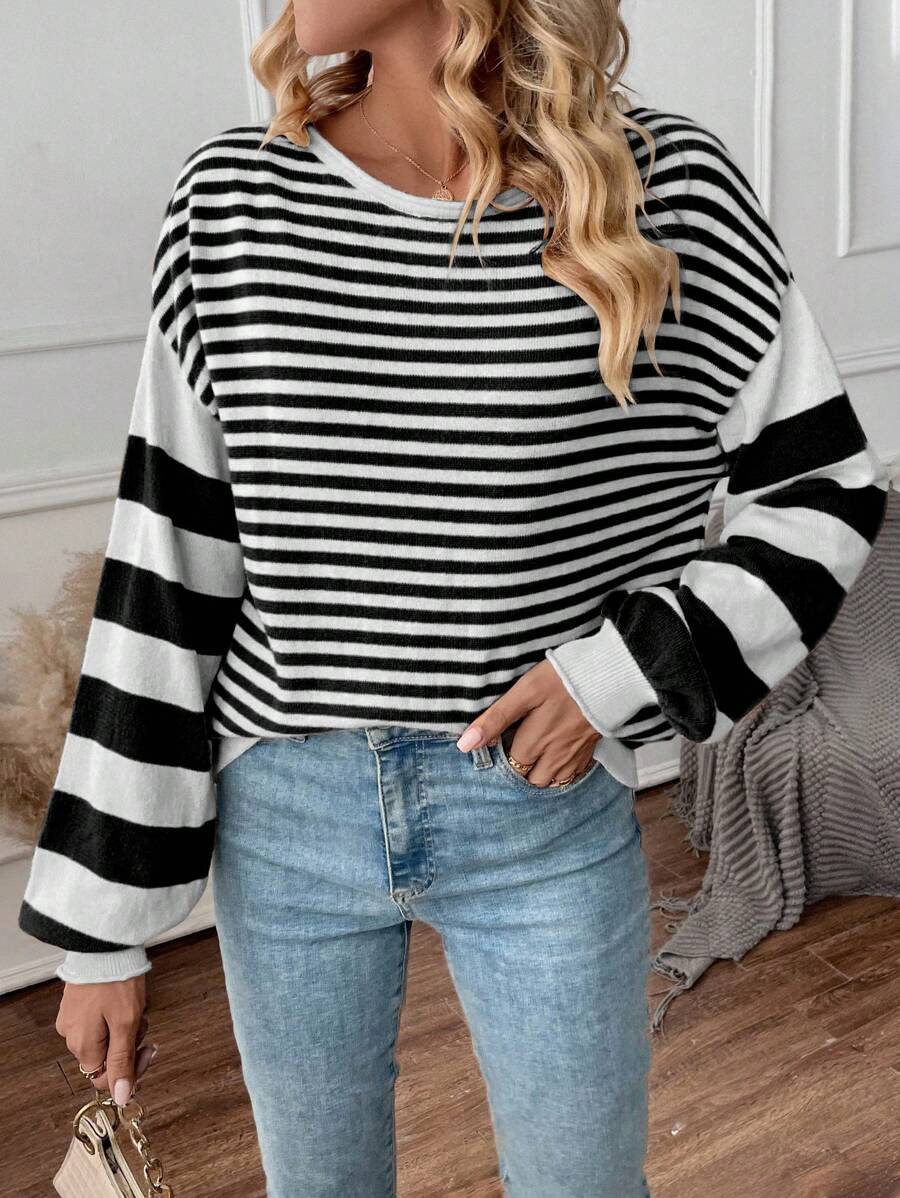 SHEIN LUNE Pullover mit Streifen Muster, Drop Shoulder - Schwarz - Übersicht 1
