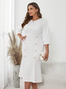 SHEIN Clasi Plus Button Detail Dress - White - View 4