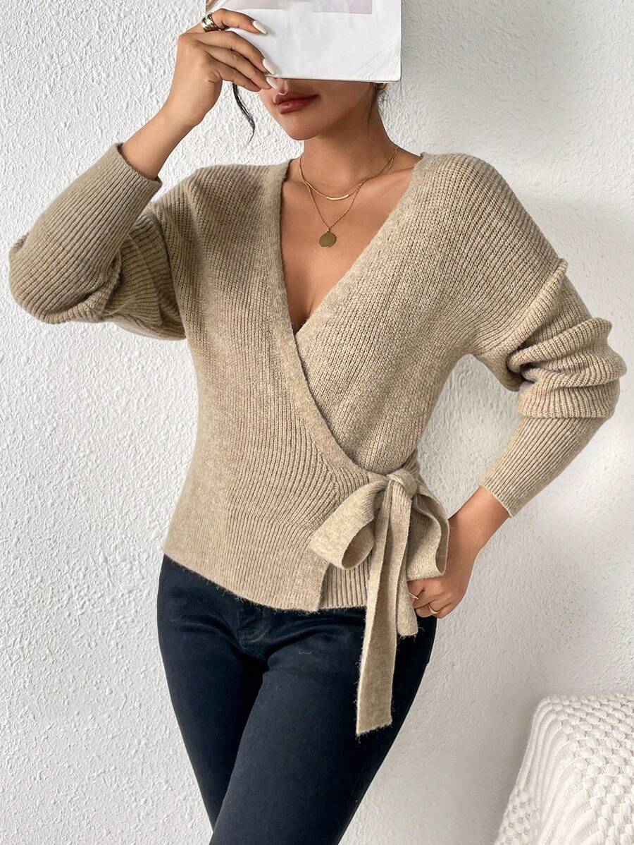 SHEIN Frenchy Thả vai Nút ven Bọc Áo len Mở - Màu Khaki - Xem 1