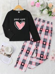 SHEIN Girls' Heart & Letter Print Long Sleeve Top And Pants Pajama Set - Multicolor - View 1