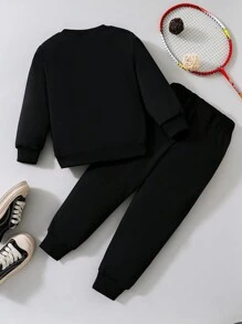 SHEIN Young Girl Letter Graphic Sweatshirt & Sweatpants - Black - View 2