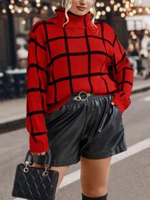 SHEIN LUNE Plus Plaid Pattern Turtleneck Drop Shoulder Sweater - Red - View 3