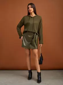 SHEIN Tall Solid Drop Shoulder Drawstring Hooded Sweater, Tall Women - Green - View 6
