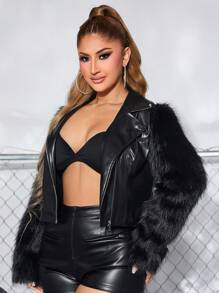 SHEIN SXY Fuzzy Bảng Dây kéo chất liệu da PU Áo khoác moto - màu đen - Xem 3