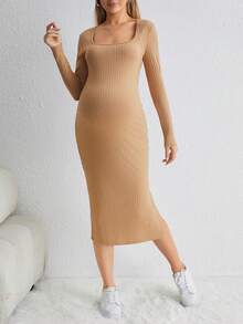SHEIN 孕婦方領高衩條紋針織緊身洋裝 - 杏色 - 查看 4