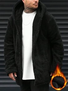 Manfinity 男式鬆身扣式 Teddy 帽裝外套 - 黑色 - 查看 1