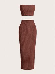 SHEIN EZwear Top bandeau unicolor & Falda de muslo con abertura - Marrón - Ver 1