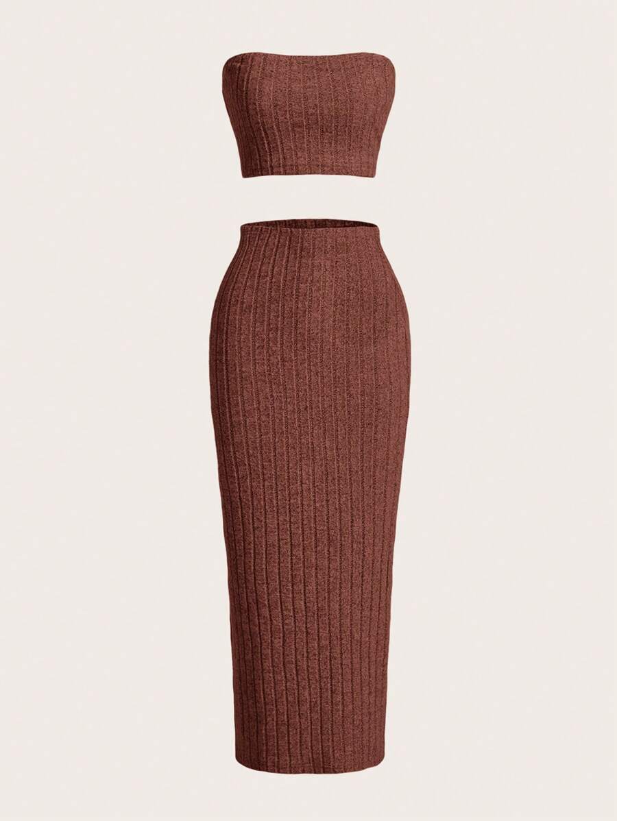 SHEIN EZwear Top bandeau unicolor & Falda de muslo con abertura - Marrón - Ver 1