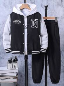 SHEIN 男大童字母圖案雙色夾克和褲子無連帽衫 - 白色 - 查看 1