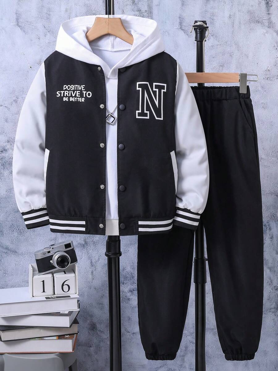 SHEIN 男大童字母圖案雙色夾克和褲子無連帽衫 - 白色 - 查看 1