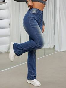 SHEIN ICON 高腰牛仔喇叭褲 - 深色水洗藍 - 查看 5