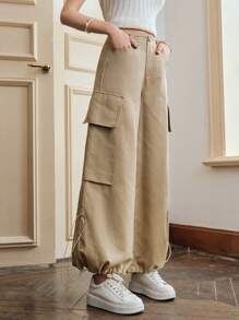 Anewsta Drawstring Wide Leg Cargo Pants - Khaki - View 7