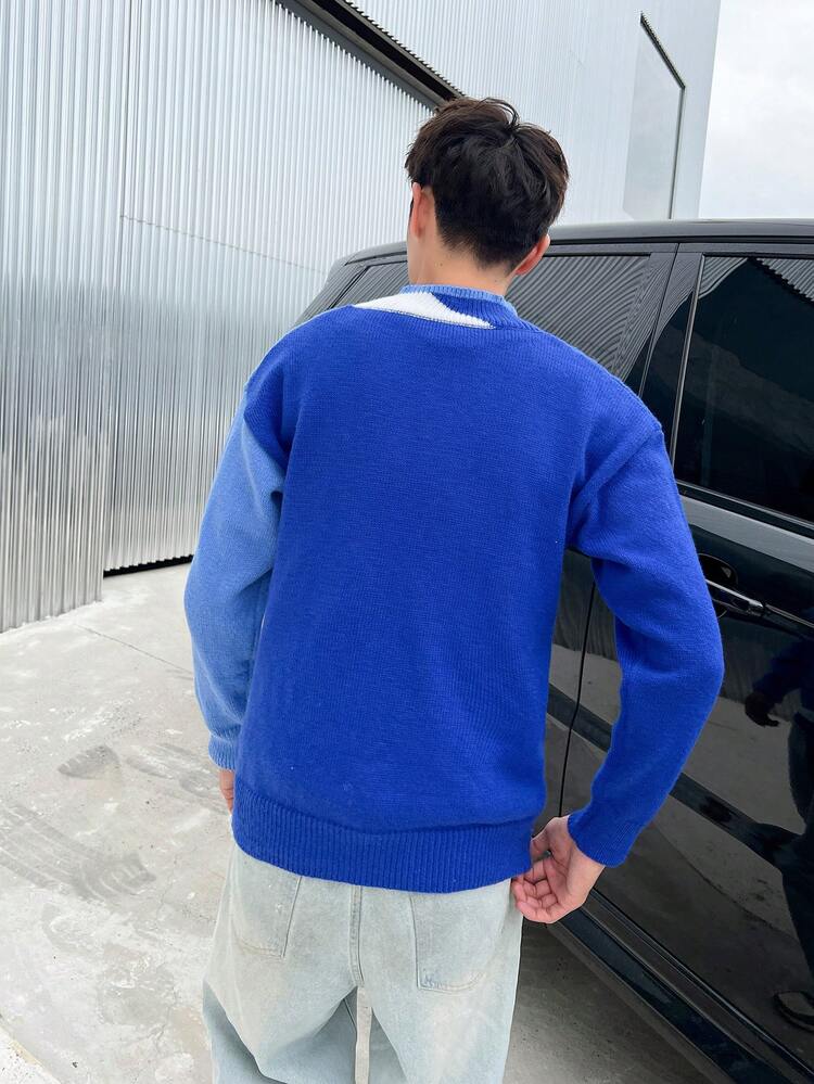 Men 1pc Colorblock Drop Shoulder Cable Knit Sweater