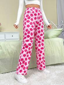 SHEIN EZwear Allover Floral Print Straight Leg Pants - Multicolor - View 6