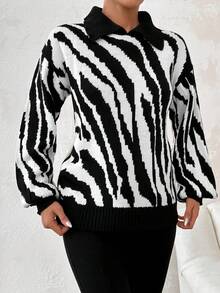EURMUSE Zebra Striped Pattern Drop Shoulder Sweater - Black and White - View 3