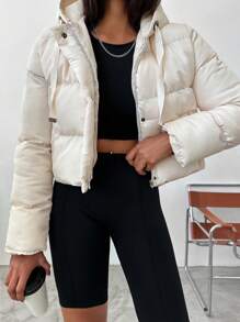 EURMUSE Solid Zip Up Snap Button Hooded Puffer Coat - Apricot - View 1