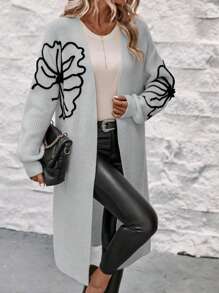 SHEIN LUNE Floral Pattern Drop Shoulder Duster Cardigan - Grey - View 1