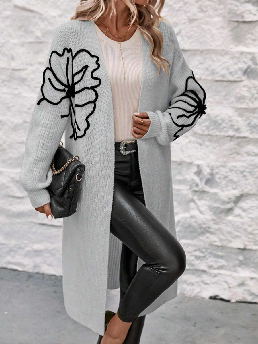 SHEIN LUNE Floral Pattern Drop Shoulder Duster Cardigan - Grey - View 1