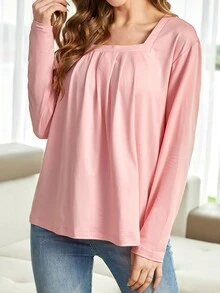 SHEIN Unity Square Neck Fold Pleated Tee - Dusty Pink - View 4