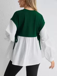 SHEIN Maternity Two Tone Drop Shoulder Knot Side 2 In 1 Blouse - Dark Green - View 2