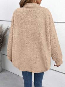 SHEIN Frenchy Thả vai Chi tiết về Flap Áo khoác Teddy - Màu Khaki - Xem 2