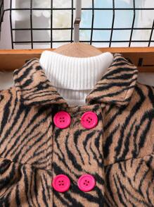 SHEIN Young Girl Zebra Striped Double Breasted Overcoat & Hat - Brown - View 4