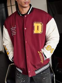 Aesthetic Post--Loose Fit Men's Slogan Graphic Colorblock Varsity Jacket With Striped Trim For Winter - Red - View 1