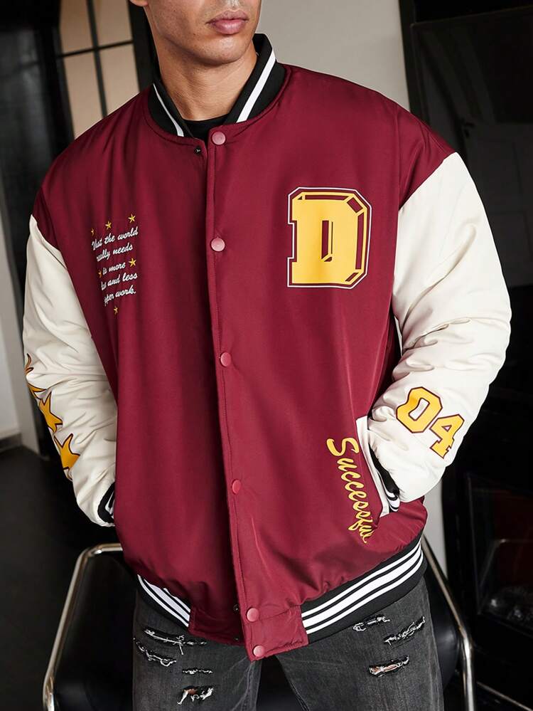 Aesthetic Post--Loose Fit Men's Slogan Graphic Colorblock Varsity Jacket With Striped Trim For Winter
