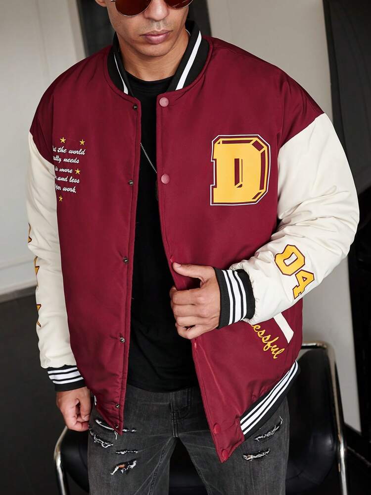 Aesthetic Post--Loose Fit Men's Slogan Graphic Colorblock Varsity Jacket With Striped Trim For Winter