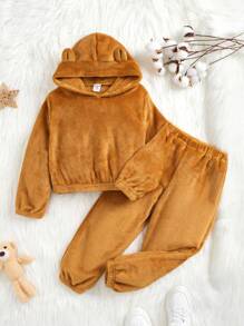 女小童3D耳朵設計毛茸茸連帽衫和褲子 - 巧克力棕 - 查看 1