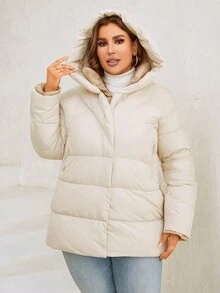 HaiLuoZi Plus Zip Up Snap Button Hooded Down Coat - Beige - View 6