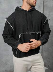 SHEIN Manfinity Homme Loose-Fit Men's Denim Jacket With Drawstring Hood And Frayed Details - Black - View 4