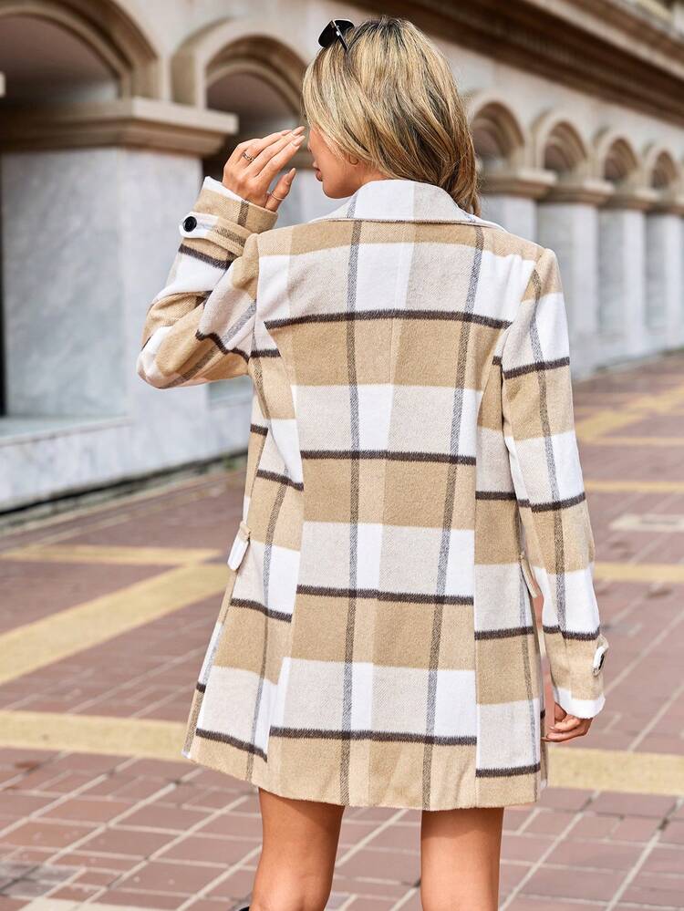 Plaid Print Lapel Neck Double Breasted Overcoat