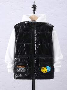 SHEIN Tween Boy 字母图案翻盖口袋背心夹棉外套 - 黑色 - 查看 12