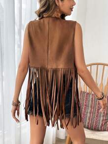 SHEIN VCAY Fringe Hem Kết cườm Chi tiết Mở Mặt trước Áo khoác vest - Màu Khaki - Xem 2