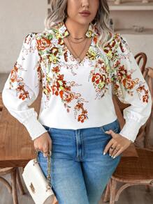 Calvaya Plus Floral Print Notched Neckline Blouse - Red - View 6